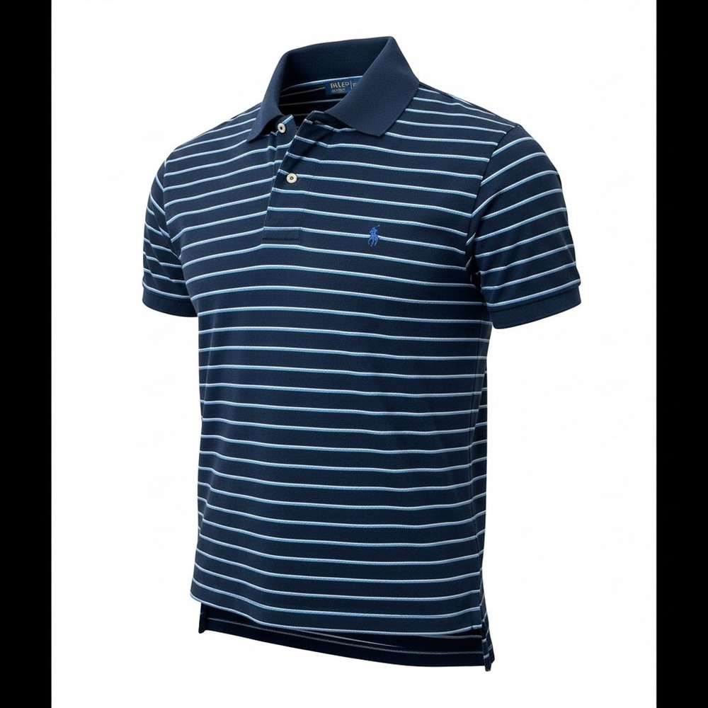 Polo Ralph Lauren Mens Navy Blue Striped Short Sleeve Cotton Pique Polo Shirt
